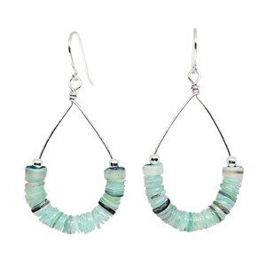 Handmade Mint Green Natural Shell Heishi Beads Silver Hoop Boho Beach Earrings